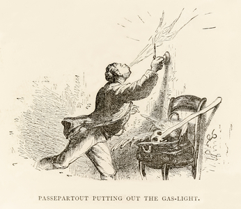 Passepartout putting out the gas-light, from 'Around the World in Eighty Days' by Jules Verne (1828-1905), 1873 (engraving)
