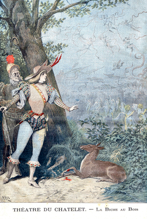 Theater in Chatelet , the doe in the wood is an engraving made by H. Meyer in order to promote this parisian play , extracted from the illustrated supplement of the Petit Journal, on december 6, 1896