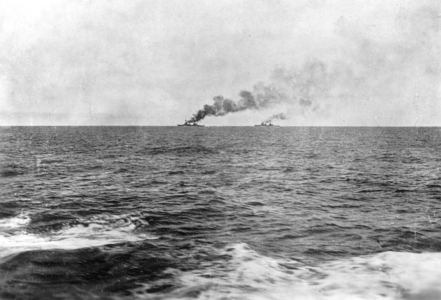 British cruisers 'Invincible' and 'Inflexible' at the beginning of the sea battle near the Falklands, 1914 (b/w photo)