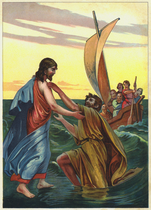 Jesus walking on water (colour litho)