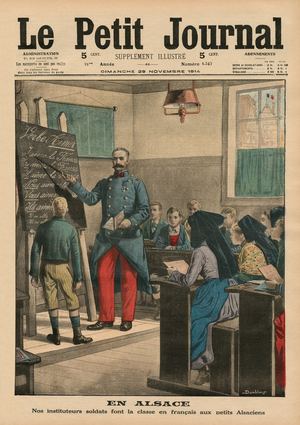 Alsace, our teachers soldiers teaching the Alsatian children French, front cover illustration from 'Le Petit Journal', supplement illustre, 29th November 1914 (lithograph)