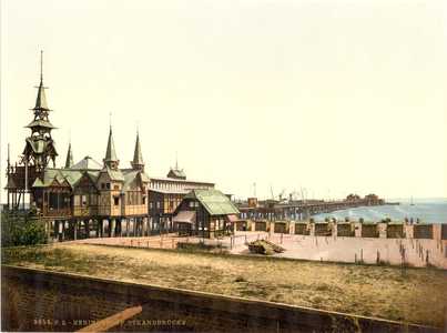 The pier, Strandbrücke, Heringsdorf, Germany, c.1900 (colour litho)