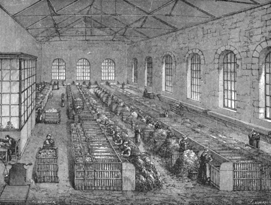 Papermaking: workshop for sorting and cutting rags. c.1880 (Engraving)