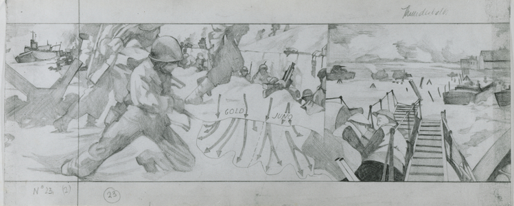 A German division fires on American troops landing at Omaha beach on June 6th (pencil on paper)