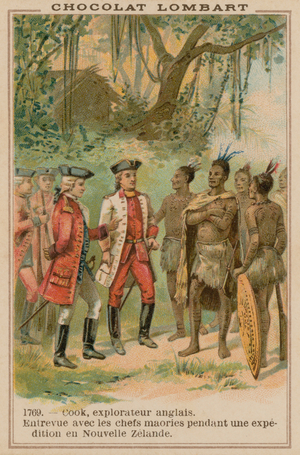 Captain James Cook meeting with Maori chiefs in New Zealand, 1769 (chromolitho)