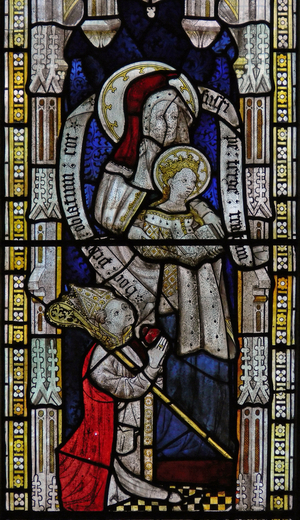 Window Ew depicting St Anne Teaching the Virgin to read (stained glass)