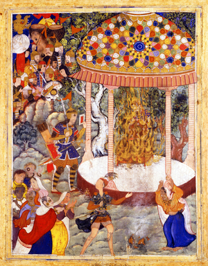 Iran / Persia / India: A scene from the Hamzanama where Hamza ibn 'Abd al-Muttalib Burns Zarthustra's Chest and Shatters the Urn with his Ashes. Delhi, c.1570