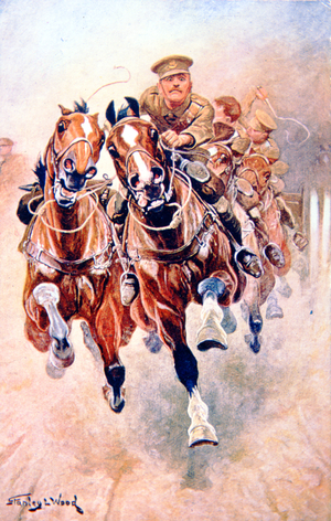 Royal Field Artillery 'Galloping the Guns', c.1915 (colour litho)