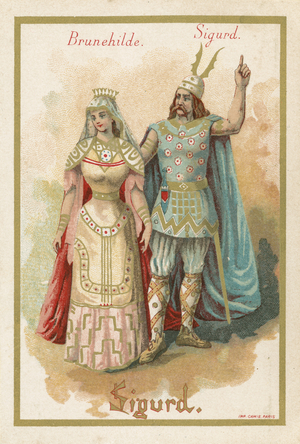 Trade card depicting Brunehilde and Sigurd (chromolitho)