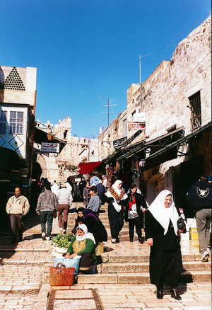 Street scene in the old city in Jerusalem in the early 90s, 1990 (photo)
