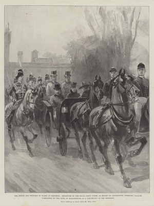 The Prince and Princess of Wales at Blenheim, Departure of the Royal Party under an Escort of Oxfordshire Yeomanry Cavalry commanded by the Duke of Marlborough as a Lieutenant of the Regiment (litho)