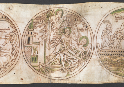 Harley Roll Y 6,  Roundel 14, Roundel of St Guthlac dying and his soul (labelled 'anima') being received by angels, with the inscription 'Guthlac[us] morit[ur]'. from the 'Life of Guthlac' (the 'Guthlac Roll', or Vita Sancti Guthlaci) 1175-1215