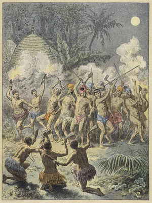 Pilou, traditional Kanak dance, New Caledonia (coloured engraving)
