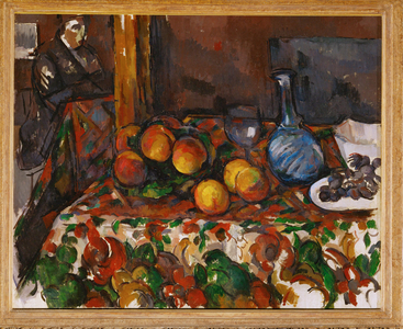 Still life with peaches, carafe and figure (oil on canvas)
