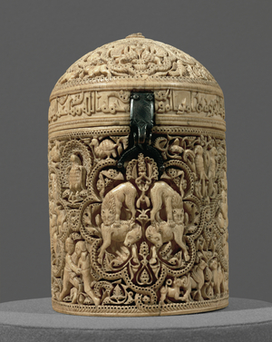 Ivory pyxis of Prince al-Mughira, son of calif Abd-al-Rahman III. Lions attacking sheep ...