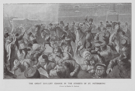 Cavalry charging a crowd the streets of St Petersburg, First Russian Revolution, 1905 (litho)