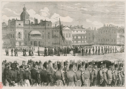 Distribution of the Crimean medals by Her Majesty at the Horse Guards (engraving)
