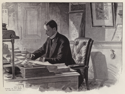 English politician George Curzon at work in his office at the India Office (litho)