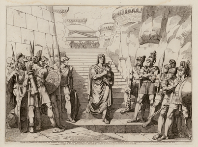 Gaius Fabius Dorsuo passes the Gauls unmolested on his way to make a sacrifice, 390 BC (etching)