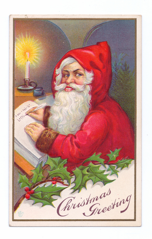 Edwardian Christmas postcard of Father Christmas writing in a book by candlelight, c.1910 (colour litho)