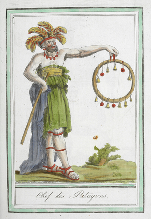 Chef des Patagons. A Patagonian chief holds a rod or staff in one hand, and in the other a circle decorated with bells