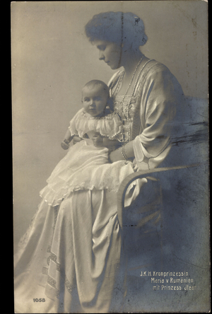 Ak I.K.H. Crown Princess Maria of Romania with Princess Ileana (b/w photo)