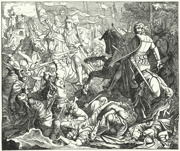 Otto I of Germany defeating the Magyars at the Battle of Lechfeld, 955 (engraving)