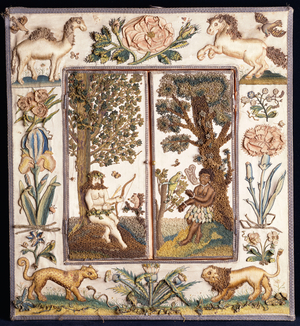 A raised work embroidered mirror depicting a primative hunter with a bow and arrow, and a blackamoor with a parrot, the frame with a camel, horse, lion, leopard, rose, iris and other flowers (silk, satin)