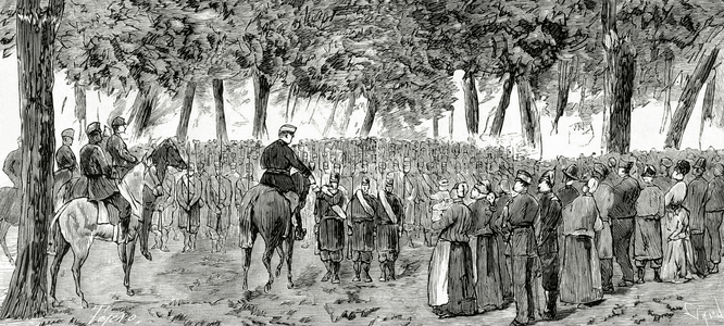 Spain. Third Carlist War (1872-1876). Vitoria. Alava. The General Quesada honors three Barbastro's hunter soldiers by their merit made in the Action of Villareal (engraving)