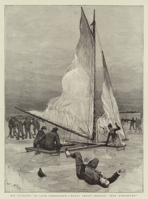 Ice Yachting on Loch Cobbinshaw, "Ready About", Result, "Man Overboard" (engraving)