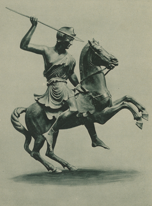 Roman statue of an Amazon on horseback found at Herculaneum (b/w photo)