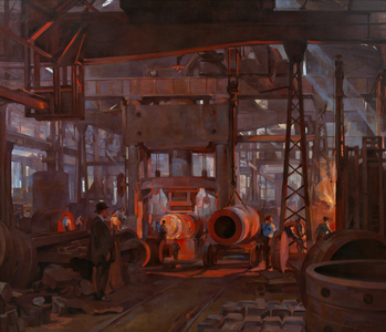 The 'L' Press. Forging the Jacket of an 18-inch Gun: Armstrong-Whitworth Works, Openshaw, 1918 (oil on canvas)
