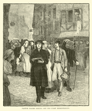 Pastor Harms seeing off his first missionaries (engraving)