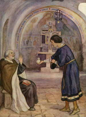 The priest of San Damiano rejecting St Francis' gift to repair his church (colour litho)