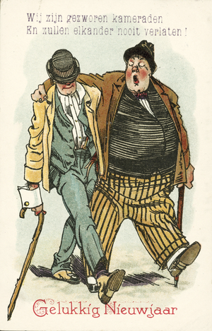 Friendship: two friends looking somewhat the worse for wear, Dutch New Year's greetings card (chromolitho)