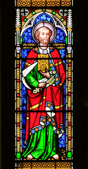 St. Peter, with keys to Heaven, Stained glass window by William Wailes, 1853, Swaffham, Norfolk, England, UK
