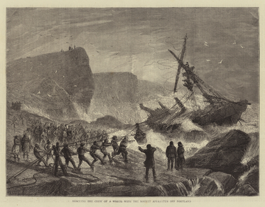 Rescuing the Crew of a Wreck with the Rocket Apparatus off Portland (engraving)