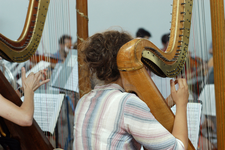 Two harpists rehearsing.
