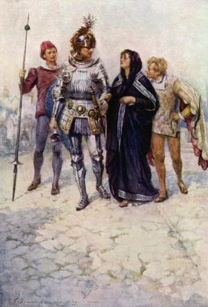 Prince Arthur leads Belge and her sons into the Castle (colour litho)