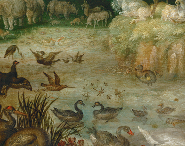 The pond. Animals drinking, ducks swimming, a unicorn in the background (painting on canvas)