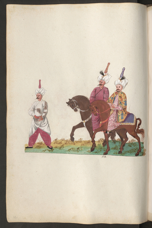 Personnel of the Persian embassy: two high-ranking Persians on horseback with a companion on foot