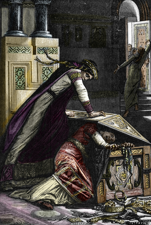 Queen Fredegonde trying to strangle her daughter Rigonde (589), 1887 (Illustration)