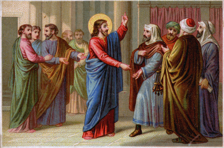 Religion. New Testament. Render unto Caesar the things which are Caesars". Jesus Christ and the Pharisees. Imagery, France, c.1890 (print)