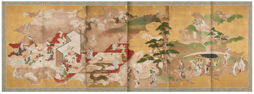 Picnicking under Cherry Blossoms and
Boating on the River, mid 18th century (Pair of six-panel screens; ink, colour and gold
on paper)