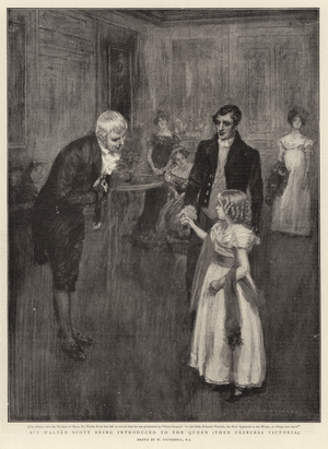 Sir Walter Scott being introduced to the Queen, then Princess Victoria (litho)