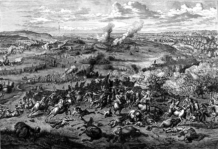 War of the Spanish Succession: Battle of Blenheim (Hochstadt) 13 August 1704. Eugene of Savoy (1663-1736) commander of Imperial army, bottom right points with unsheathed sword, while on middle left John Churchill, Duke of Marlborough, commander of English army, leads his 109 squadrons against burning Blenheim. From engraving by Huchtenburg, 1729