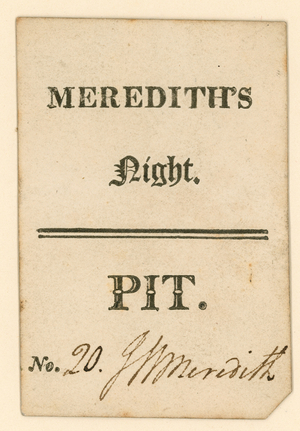 Ticket for Drury Lane Theatre, London: Meredith's Night (engraving)