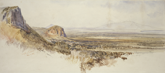 Distant View of Borghetto and Partenico, Sicily, 1847 (pen and brown ink with watercolour and graphite on off-white paper)
