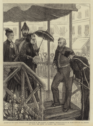 Review of the Naval Brigade from Ashantee by Her Majesty at Gosport, Presentation by Mr Ward Hunt of Colonel Festing on whom the Order of KCMG was conferred (engraving)