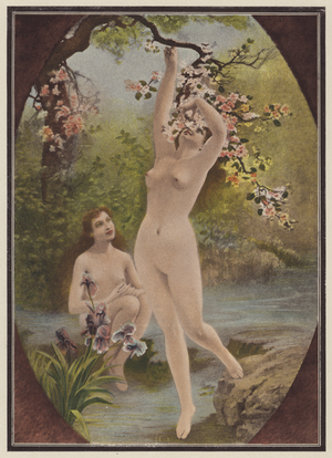 Daughters of Eve, women with tree blossom (colour litho)